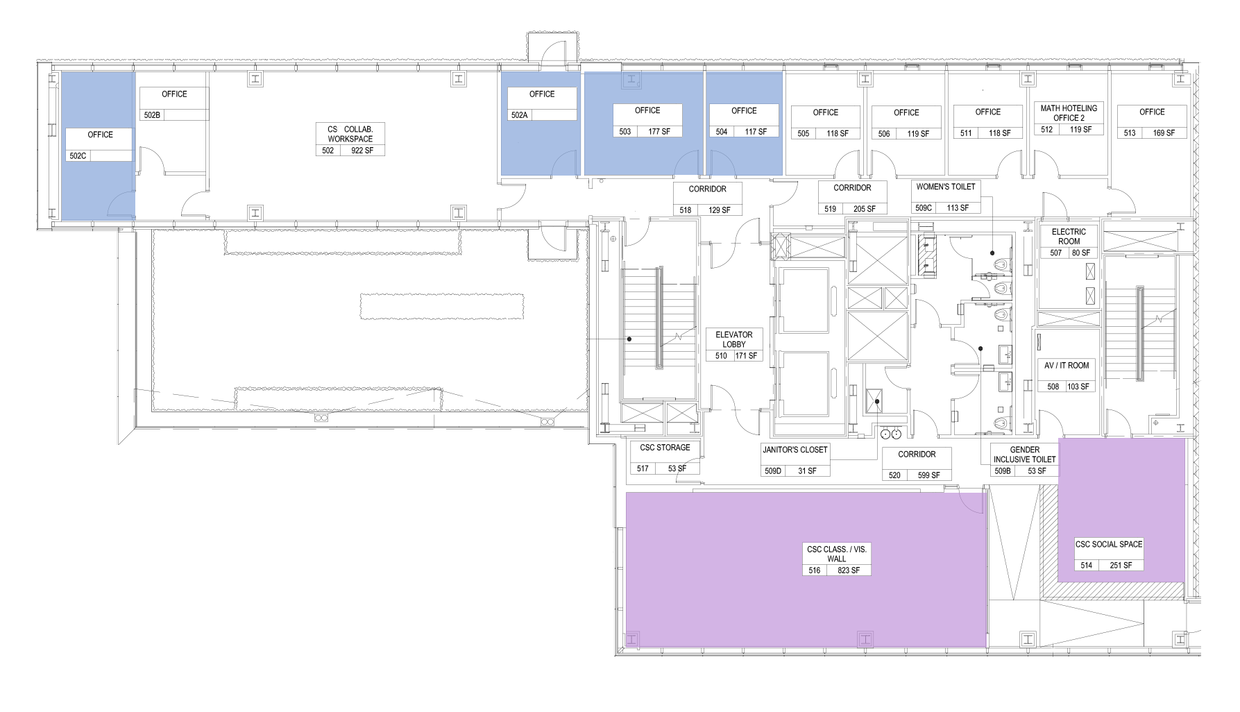 Shows location of the CSC spaces; the Math/CS collaboration room is in the southwestern corner; the CSC Classroom is east of the elevators, with the entrance along the west side of the room; the lounge is adjacent to the north side of the classroom